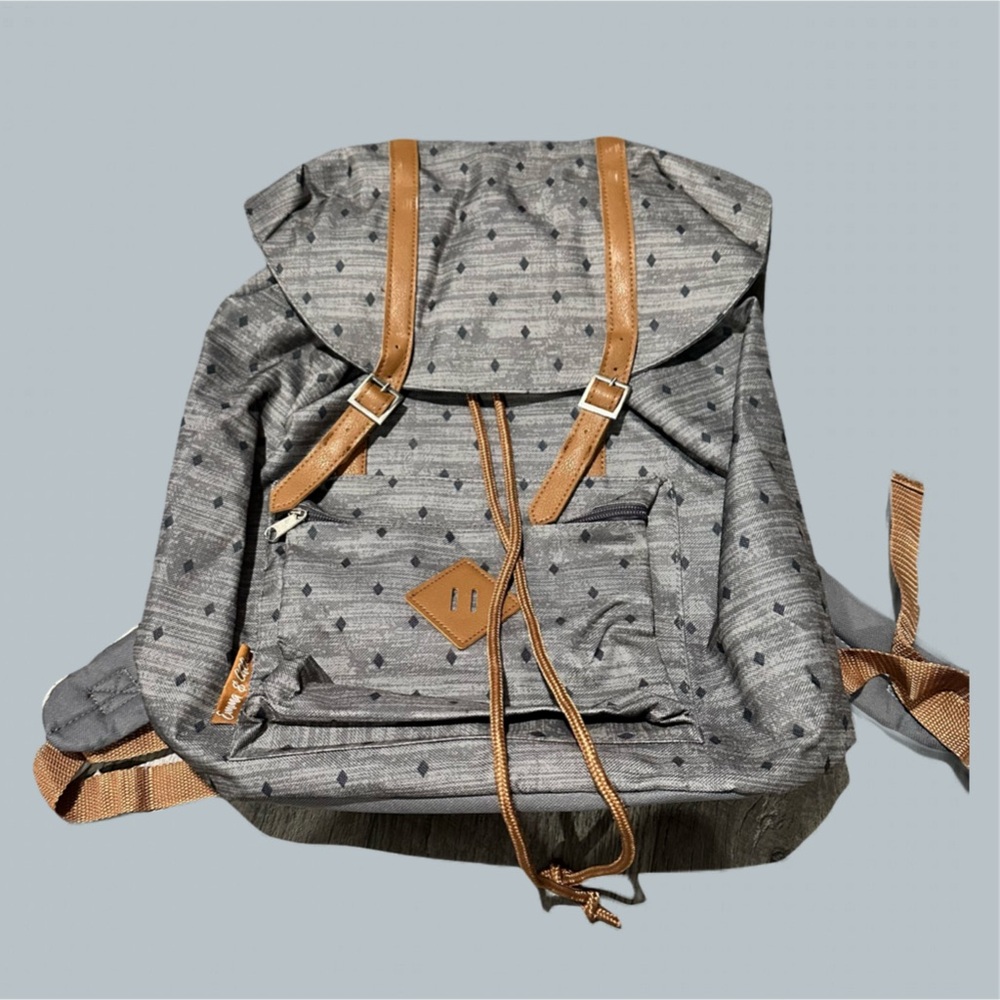 Grey Black Dots Backpack School Bag Travel Work brown accents belt  polka dots